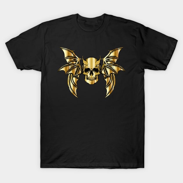 Gold Horned Bat Skull with Wings Design T-Shirt by TF Brands